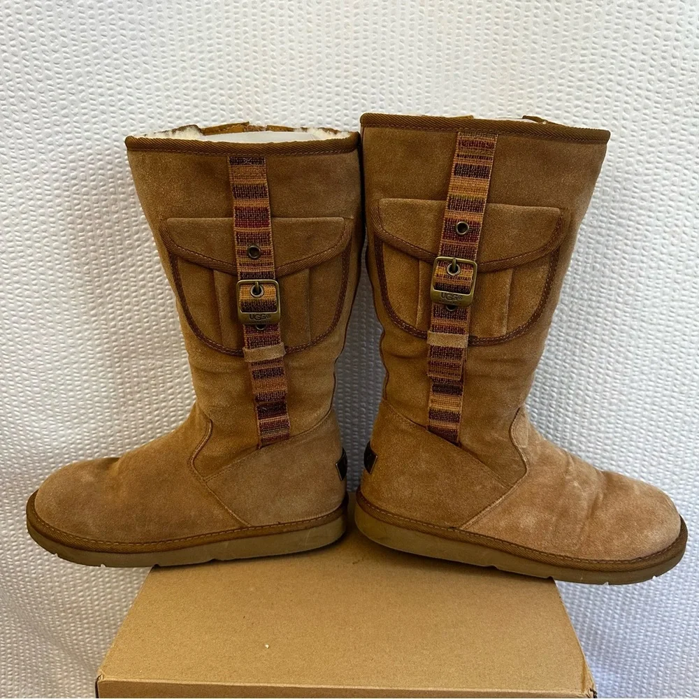 UGG Retro Cargo Tall Boots Chestnut Sheepskin Suede Winter Women’s Size 9 Y2K